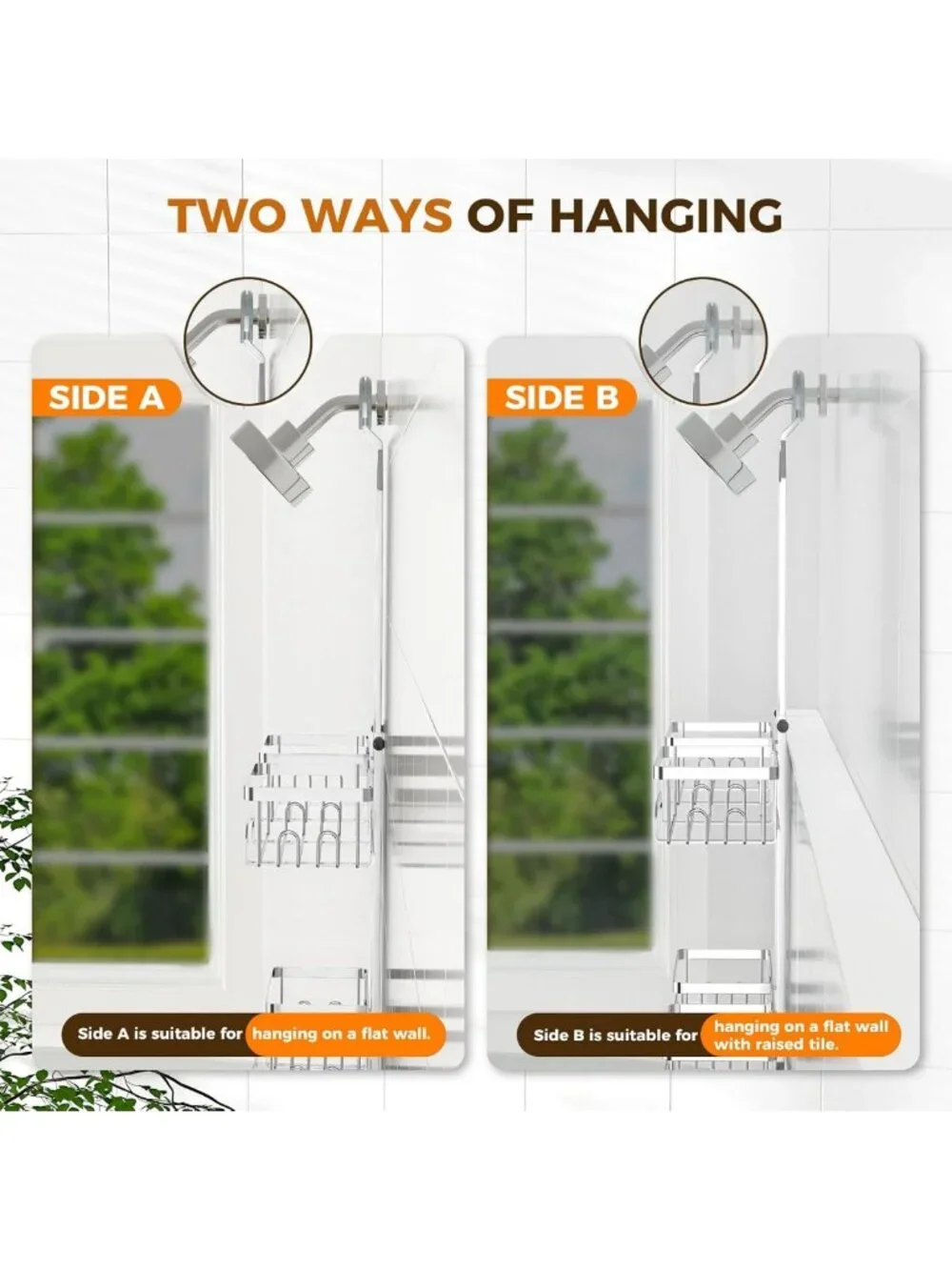 Hanging Split Shower Caddy for Handheld Showerheads - Silver Storage Organizer
